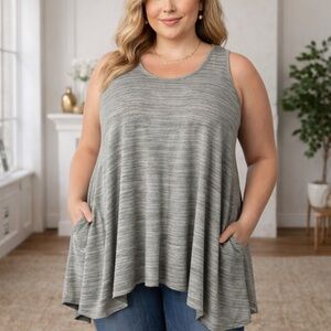 LOGO by Lori Goldstein Tunic Top 1X Sleeveless Pockets Swing Hi-Low Sage Green